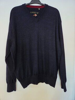 Orvis Men's Size XXL 100% Soft Wool V-Neck Navy Blue Long Sleeve Luxury Sweater